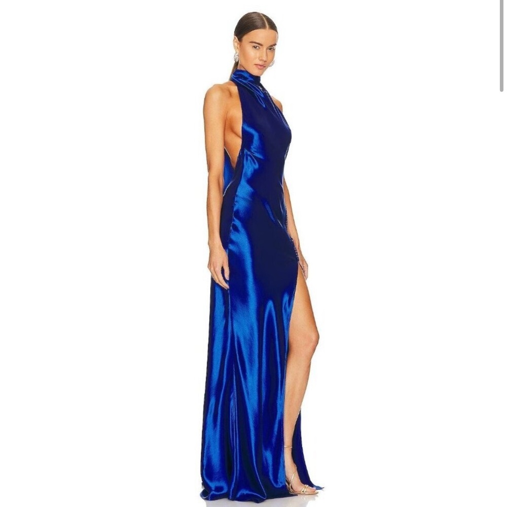 Sau Lee Penelope Satin High Neck Evening Gown Navy Blue Womens Size 0